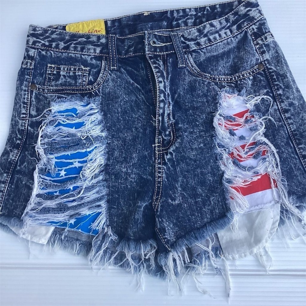 Women's Distressed Denim Jean Shorts American Flag Design Size 30